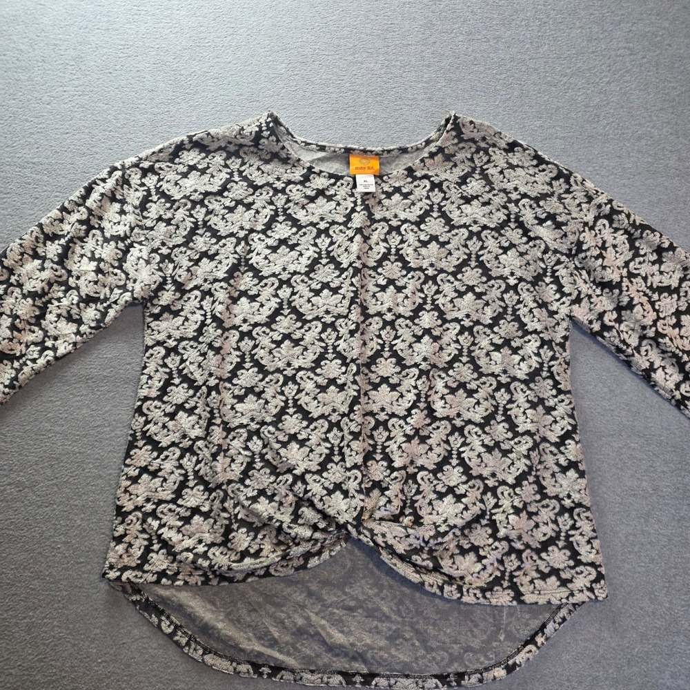 Ruby Rd Burnout Velvet Blouse Womens XL Black Gray Damask Floral High Low Top
